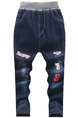 Blue Denim Pattern Letter Linking Adjustable Waist Embroidery Long Boy Pants for Casual