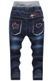 Blue Denim Pattern Letter Linking Adjustable Waist Embroidery Long Boy Pants for Casual