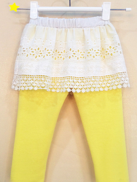 Yellow Seem-Two Linking Contrast Knitted Adjustable Waist Lace Girl Pants for Casual Party