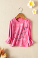 Pink Round Neck Buttons Shoulder Pattern Located Printing Long Sleeve Girl Shirt for Casual