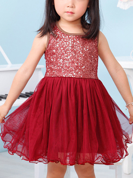 Red Round Neck Sequins Mesh Girl Dress for Casual Party