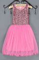 Pink Round Neck Sequins Mesh Cute Girl Dress for Casual Party