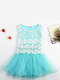 Turquoise Round Neck Hook Flower Mesh Fishtail Contrast Linking Girl Dress for Casual Party