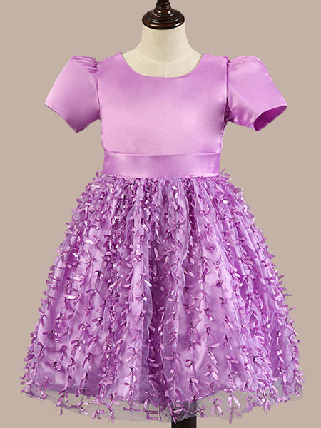 Purple Satin Organza A-Line Round Neck Lantern Sleeve Band Back Butterfly Kont Girl Dress for Casual Party
