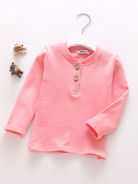 Pink Stand Collar Buckle Placket Front Long Sleeve Girl Shirt for Casual Party