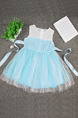 Blue and White Linking Contrast Waist Mesh Band Back Twist Pattern Girl Dress for Casual