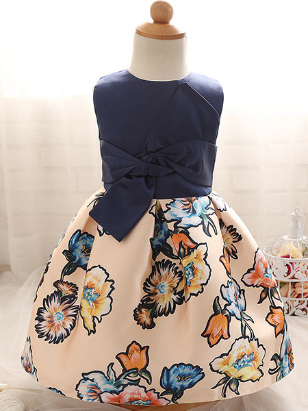Blue Colorful A-Line Linking Printed Butterfly Knot Band Back Girl Dress for Casual Party