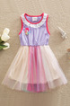 Colorful A-Line Mesh Linking Contrast Round Laced Neck Girl Dress for Casual Party
