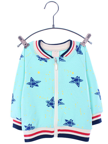 Sky Blue Knitted Contrast Linking Stand Collar Stripe Printed Long Sleeve Boy Jacket for Casual