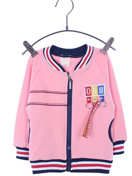 Pink Knitted Stand Collar Contrast Linking Stripe Printed Long Sleeve Girl Jacket for Casual