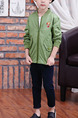 Green Stand Collar Zipper Two-Pocket Pattern Located Printing Long Sleeve Boy Jacket for Casual
