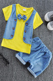 Yellow and Blue Two-Piece Linking Contrast Buttons Round Neck Tie Girl Jumpsuit for Casual