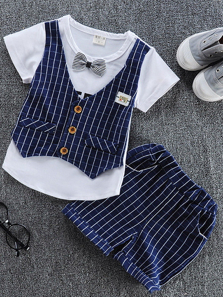 Blue and White Two-Piece Linking Stripe Buttons Round Neck Tie Girl Jumpsuit for Casual