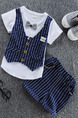 Blue and White Two-Piece Linking Stripe Buttons Round Neck Tie Girl Jumpsuit for Casual
