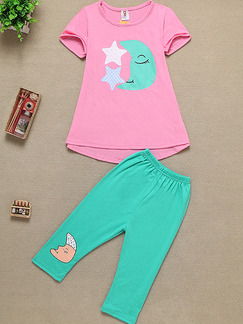 Pink and Green Knitted Two-Piece Contrast Pattern Located Printing Girl Jumpsuit for Casual