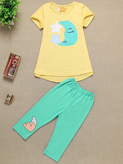 Yellow and Green Knitted Two-Piece Contrast Pattern Located Printing Girl Jumpsuit for Casual