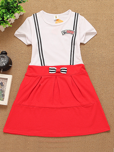 Red and White Contrast Linking Fake Straps Butterfly Knot Seem-Two Girl Dress for Casual Party
