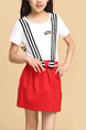 Red and White Contrast Linking Fake Straps Butterfly Knot Seem-Two Girl Dress for Casual Party