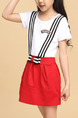 Red and White Contrast Linking Fake Straps Butterfly Knot Seem-Two Girl Dress for Casual Party