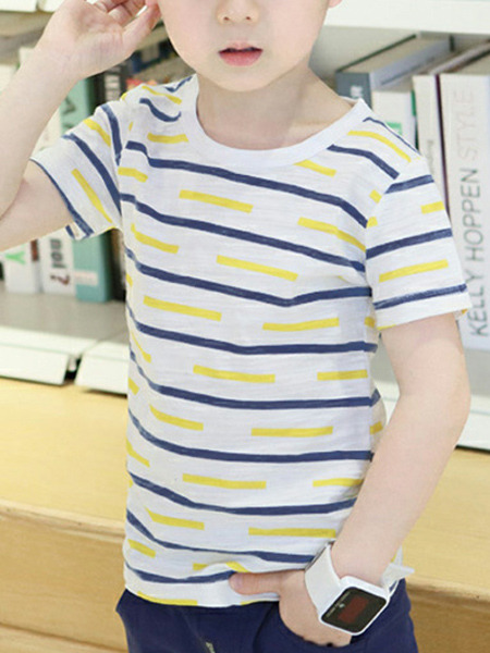 Colorful Slim Round Neck Contrast Stripe Boy Shirt for Casual