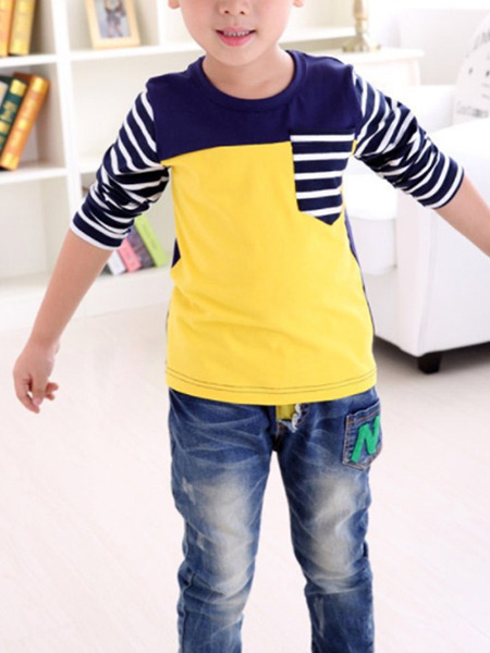 Yellow Blue and White Slim Round Neck Contrast Stripe Long Sleeve Boy Shirt for Casual