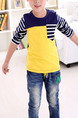 Yellow Blue and White Slim Round Neck Contrast Stripe Long Sleeve Boy Shirt for Casual
