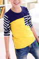 Yellow Blue and White Slim Round Neck Contrast Stripe Long Sleeve Boy Shirt for Casual
