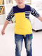 Yellow Blue and White Slim Round Neck Contrast Stripe Long Sleeve Boy Shirt for Casual
