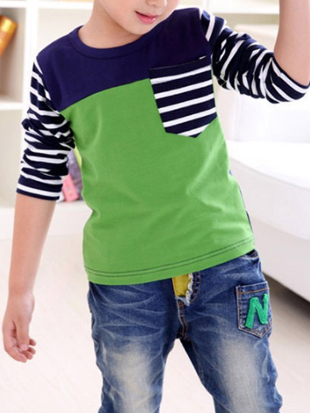 Green Blue and White Slim Round Neck Contrast Stripe Long Sleeve Boy Shirt for Casual