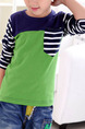 Green Blue and White Slim Round Neck Contrast Stripe Long Sleeve Boy Shirt for Casual