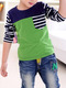 Green Blue and White Slim Round Neck Contrast Stripe Long Sleeve Boy Shirt for Casual
