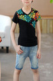 Black Colorful Slim V Neck Located Printing Boy Shirt for Casual
