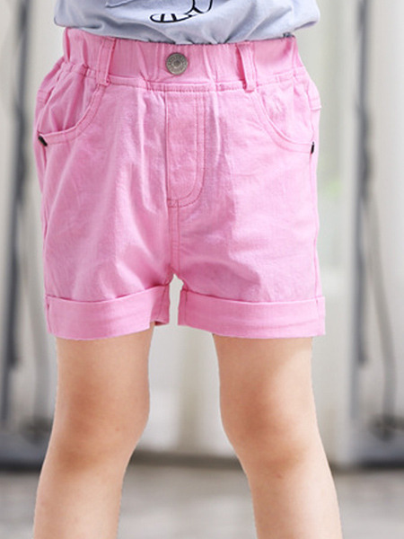 Pink Adjustable Waist Pockets Crimping Girl Shorts for Casual