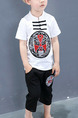 Black White and Red Plus Size Two-Piece Chinese Buttons Round Neck Embroidery Boy Suit for Casual
