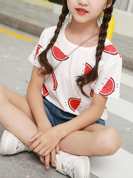 White and Red Plus Size Round Neck Printed Girl Shirt for Casual Party