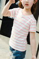 Pink and White Plus Size Contrast Stripe Round Neck Girl Shirt for Casual