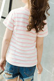 Pink and White Plus Size Contrast Stripe Round Neck Girl Shirt for Casual
