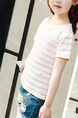 Pink and White Plus Size Contrast Stripe Round Neck Girl Shirt for Casual