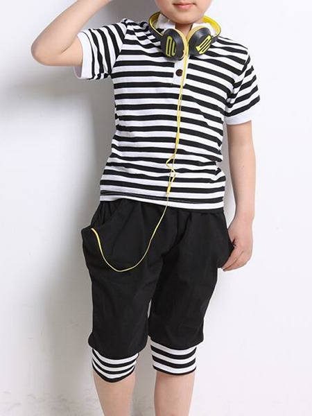 Black and White Plus Size Two-Piece Contrast Stripe Stand Collar Halen Rib Legs Boy Suit for Casual Party