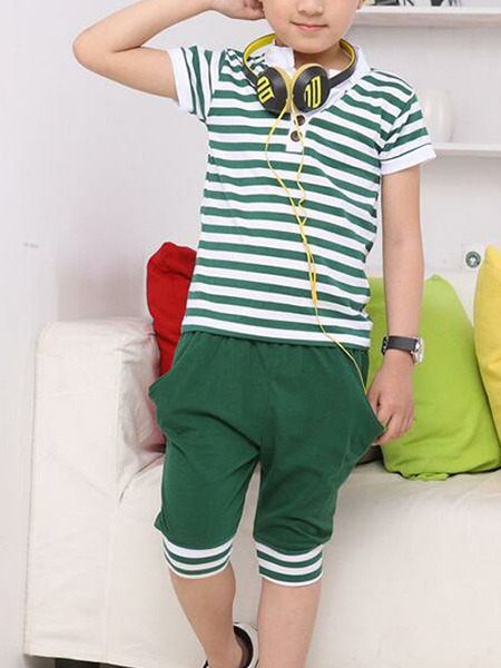 Green and White Plus Size Two-Piece Contrast Stripe Stand Collar Halen Rib Legs Boy Suit for Casual Party