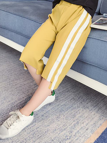 Yellow and White Plus Size Side Stripe Adjustable Waist Micro-Pull Girl Pants for Casual