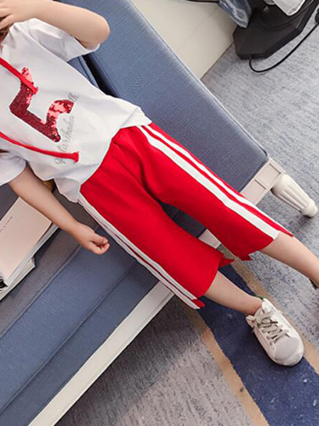 Red and White Plus Size Side Stripe Adjustable Waist Micro-Pull Girl Pants for Casual
