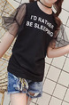 Black and White Plus Size Round Neck Letter Printed Mesh See-Through Bubble Sleeve Girl Shirt for Casual