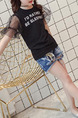 Black and White Plus Size Round Neck Letter Printed Mesh See-Through Bubble Sleeve Girl Shirt for Casual