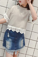 Beige and White Plus Size Round Neck Linking Laced Girl Shirt for Casual Party