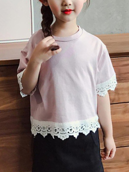 Pink and White Plus Size Round Neck Linking Laced Girl Shirt for Casual Party