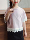 Pink and White Plus Size Round Neck Linking Laced Girl Shirt for Casual Party
