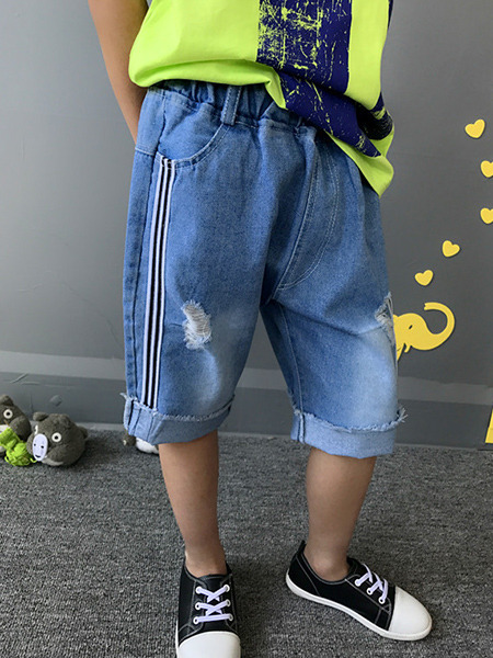 Blue Plus Size Denim Halen Holes Side Stripe Crimping Pockets Adjustable Waist Boy Pants for Casual