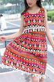 Red Colorful Loose Tassel Printed Above Knee Girl Dress for Casual Party