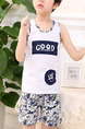 White and Blue Two-Piece Contrast Linking Printed Vest Round Neck  Boy Suit for Casual
